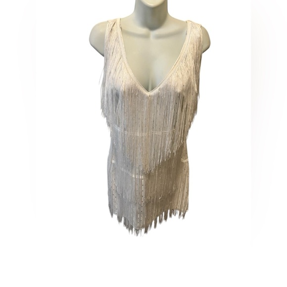 Costal Cowgirl Fringe Mini Dress S White Metal Silver Dots Dance Swing Rodeo - Picture 1 of 6